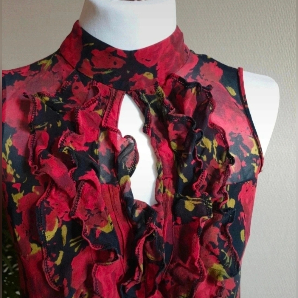 Karen Millen Floral Ruffle High-Neck Top 100% Silk - US 4